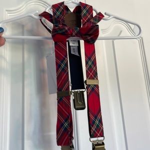 Toddler Boy Janie and Jack Red Holiday Plaid Bowtie & Suspender Set 2T-3T